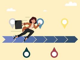 Businesswoman Running Along Timeline with Briefcase and Location Markers Representing Career Progress, Planning, and Milestone Achievement. vector
