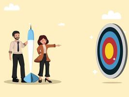 Teamwork and Vision for Success Business People Strategically Aiming a Giant Dart Toward a Target Symbolizing Precision, Focus, and Goal Achievement. vector