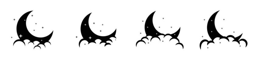 crescent moon with the stars and clouds black silhouette vector
