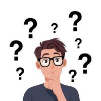 Thoughtful man with multiple question mark overhead vector