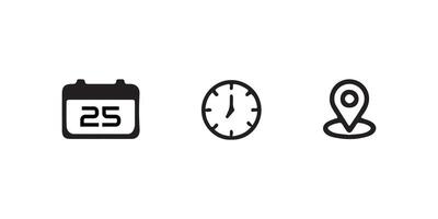 Calendar, Clock, and Location Icons Representing Dates, Times, and Places vector