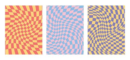 Vivid abstract posters. Geometric checkered board. Optical illusion, modern art. Childish lollipop colors. Psychedelic groovy swirls. Hippie background, cover, pattern, banner. illustration. vector