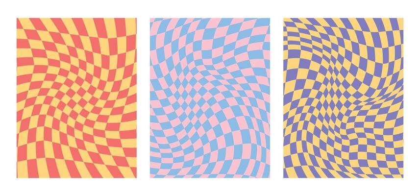 Vivid abstract posters. Geometric checkered board. Optical illusion, modern art. Childish lollipop colors. Psychedelic groovy swirls. Hippie background, cover, pattern, banner. illustration.