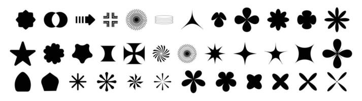 A diverse collection of abstract shapes and icons arranged in rows. Includes geometric and floral designs useful for design or pattern creation vector