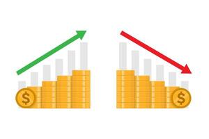 Stack of gold coins and up and down graph vector