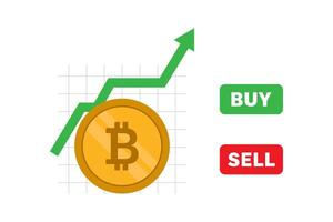 Bitcoin coin with an up arrow and buttons that say buy and sell. vector