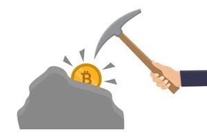 Hand holding a pickaxe is mining a bitcoin from a rock. vector