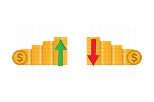 Pile of gold coins with dollar signs and green up and red down arrows. vector