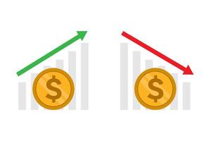Gold coins with dollar signs and green up and red down arrows. vector