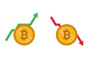 Bitcoin coin and green and red arrows. vector