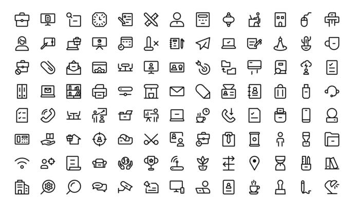 Modern Workplace Icon Set. Editable Professional Icons for Office, Collaboration, Productivity, and Business Tools in Minimalist and Outline Styles.
