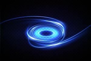 A captivating dynamic blue light swirl gracefully dances on a striking black background, vector