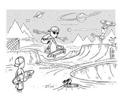 Cartoon style illustration of aliens skateboarding on another planet. Art with simple lines. vector