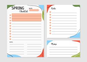 Set of Spring paper sheets. Checklist, note, memo template for agenda, planners, notebooks, cards and other stationery. vector
