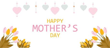 Mother's Day greetings banner with delicate spring tulips and hearts vector