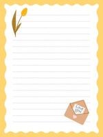 Notebook page template with yellow tulip and envelope with message vector