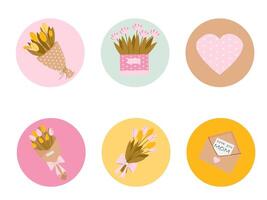 a set of cute round stickers for Mother's Day with beautiful bouquets of tulips vector