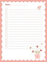 Notebook page template with spring flowers and cute bird vector