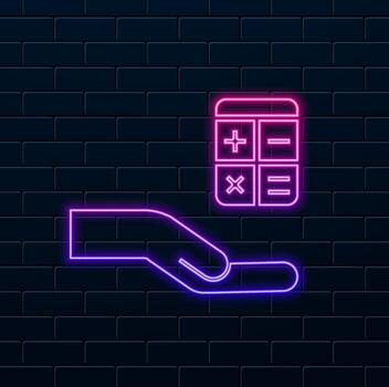 hand using mathematical calculator. device icon.hand safe calculator icon. financial control. neon style. vector