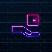hand with wallet money. neon style. hand holds a wallet. payment wallet. neon. credit card vector