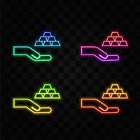 Gold bars. financial concept, wealth. neon style. gold bars in hand icon in outline style for mobile, web design. graphics. vector