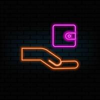 neon style. hand with wallet money. hand holds a wallet. payment wallet. neon. credit card vector