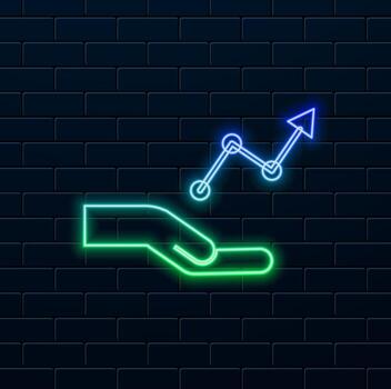 neón estilo. mano con grafico icono colocar. Progreso bar, grafico incrementar ganancia. crecimiento éxito flecha símbolo vector