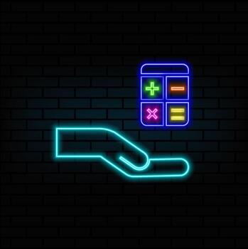 mano con calculadora. neón estilo. Rico negocio factura pago costo calculador financiero crisis o deuda problema. bosquejo . con calculadora y dinero. vector