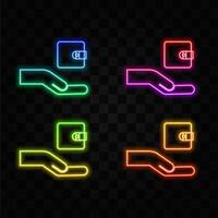 hand holds a wallet. payment wallet. neon style. credit card vector