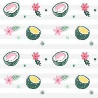 Seamless pattern with coconuts and flowers. Sketch, line art drawing style. Doodle tropical backckgrounds. vector
