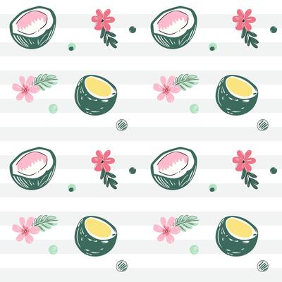 Seamless pattern with coconuts and flowers. Sketch, line art drawing style. Doodle tropical backckgrounds.