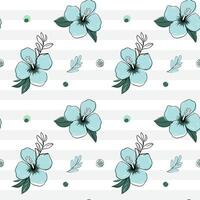 Seamless pattern with tropical flowers with black outline. Blue hibiscus backckground. Sketch, line art drawing style. vector
