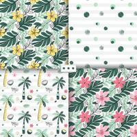 Seamless patterns with tropical flowers, coconut, palm trees. Sketch drawing. Doodle tropical backckgrounds. vector