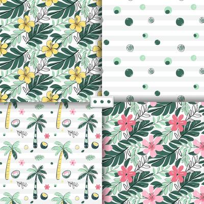 Seamless patterns with tropical flowers, coconut, palm trees. Sketch drawing. Doodle tropical backckgrounds.