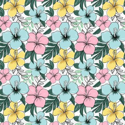 Seamless pattern with tropical flowers with black outline. Hibiscus flowers backckground. Line art drawing style.
