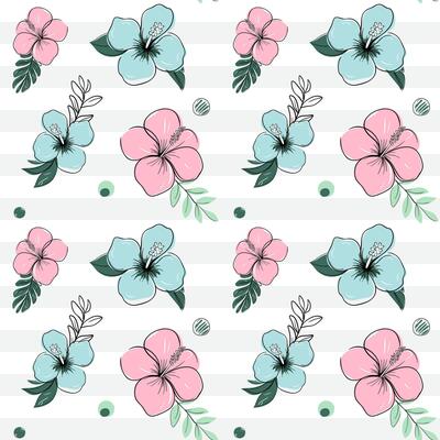 Seamless pattern with tropical flowers with black outline. Sketch, line art drawing style. Hibiscus backckground.