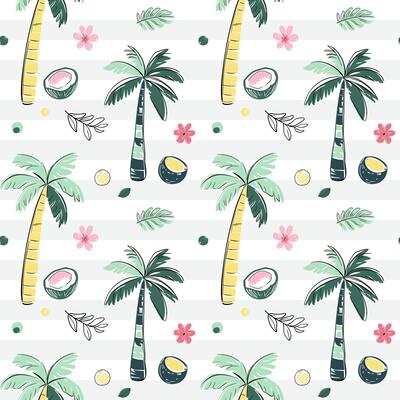 Seamless pattern with palm trees, coconut. Sketch, line art drawing style. Doodle tropical backckgrounds.