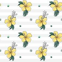 Seamless pattern with tropical flowers with black outline. Yellow hibiscus backckground. Sketch, line art drawing style. vector