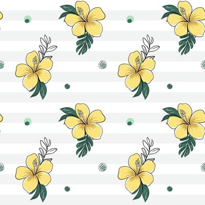 Seamless pattern with tropical flowers with black outline. Yellow hibiscus backckground. Sketch, line art drawing style.