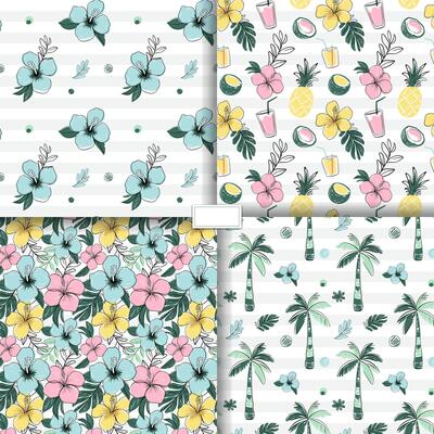Seamless patterns with exotic flowers and palm trees. Sketch drawing style. Doodle tropical backckgrounds.