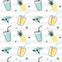 Seamless pattern with coctails, pineapple and flowers. Sketch, line art drawing style. Doodle tropical backckgrounds. vector