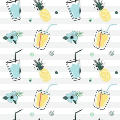 Seamless pattern with coctails, pineapple and flowers. Sketch, line art drawing style. Doodle tropical backckgrounds.