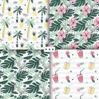 Tropical backckgrounds. Seamless patterns with tropical flowers, drinks, palm trees. Sketch drawing. vector
