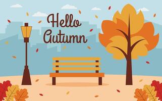 Autumn park with bench. Autumn city park with bench, tree and city skyline. Background with panorama urban autumn park. vector