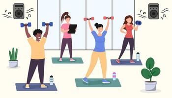 Illustration of a group fitness class with people lifting dumbbells on mats, upbeat music playing, and an instructor supervising. vector