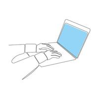Hands typing on laptop continuous line art drawing. Working with laptop concept background. vector