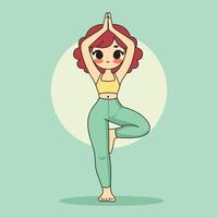 Cute girl practicing tree pose with hands together above her head, representing balance, inner peace, and yoga practice in a playful style. vector