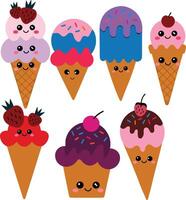 Kawaii Ice Cream, Chocolate Ice Cream, Vanilla, vector