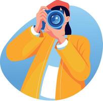 A flat style illustration of a character doing photography with camera vector