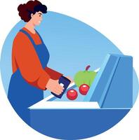 A flat style illustration of a cashier scanning things on the counter vector